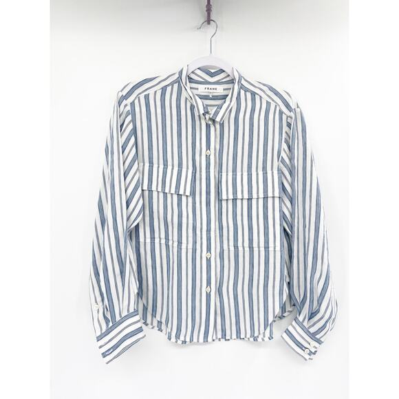 FRAME Stand Collar Striped Linen Blend Shirt In Blue XS - Picture 2 of 6